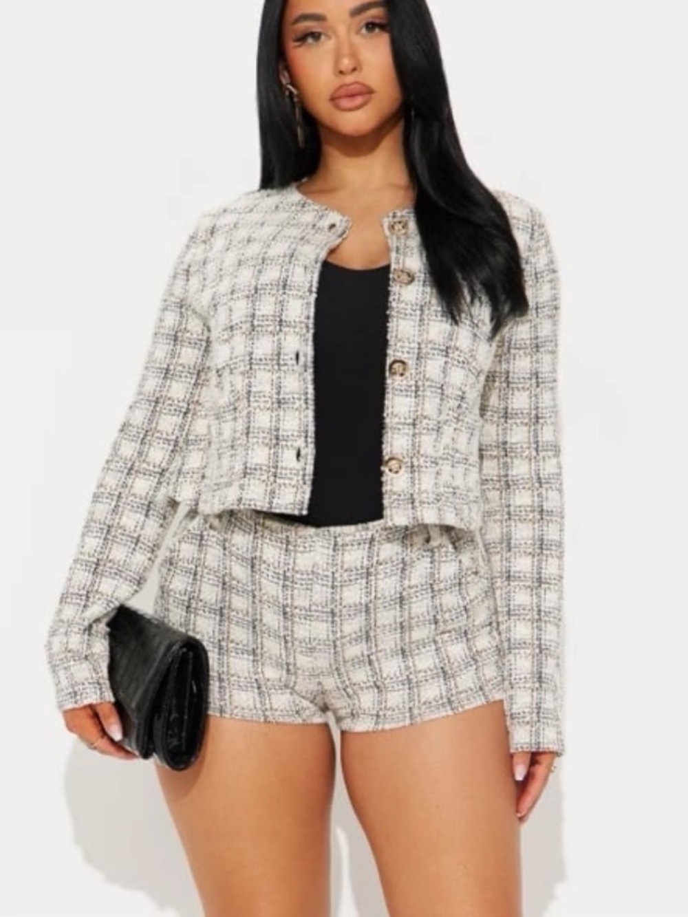 Cropped Tweed Jacket in Ivory Black Plaid - Brand:fashion nova